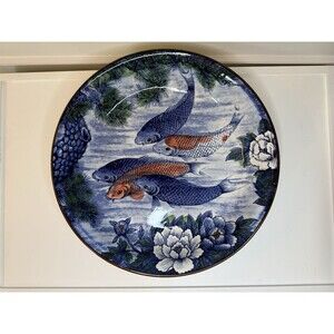Vintage Japanese Koi Fish Porcelain Serving Bowl Blue White Lotus 12” Decorative